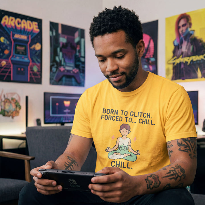 Translation missing: en.Daisy t-shirt with pixel art character meditating and text reading Born To Glitch Forced To. Chill