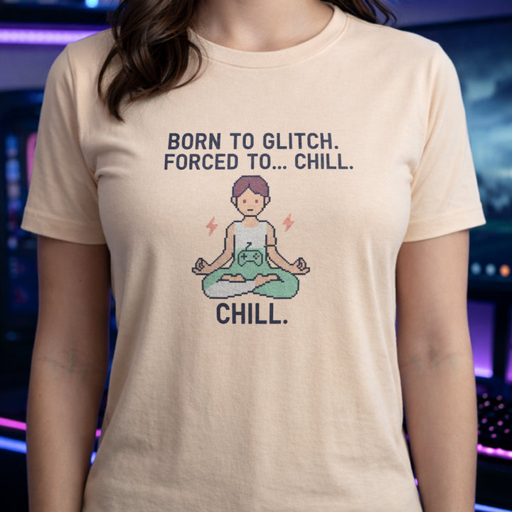 Translation missing: en.Natural t-shirt with pixel art character meditating and text reading Born To Glitch Forced To. Chill