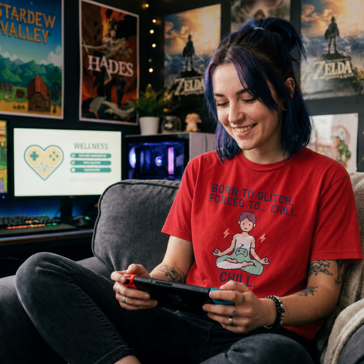 Translation missing: en.Red t-shirt with pixel art character meditating and text reading Born To Glitch Forced To. Chill