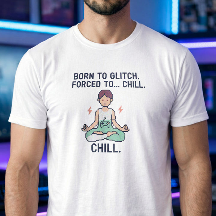 Translation missing: en.White t-shirt with pixel art character meditating and text reading Born To Glitch Forced To. Chill