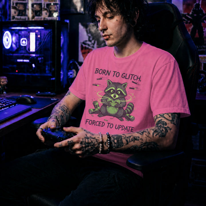 Translation missing: en.Funny gamer raccoon holding a controller on a azalea t-shirt with text Born to Glitch, Forced to Update