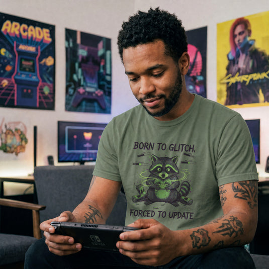 Translation missing: en.Funny gamer raccoon holding a controller on a military green t-shirt with text Born to Glitch, Forced to Update