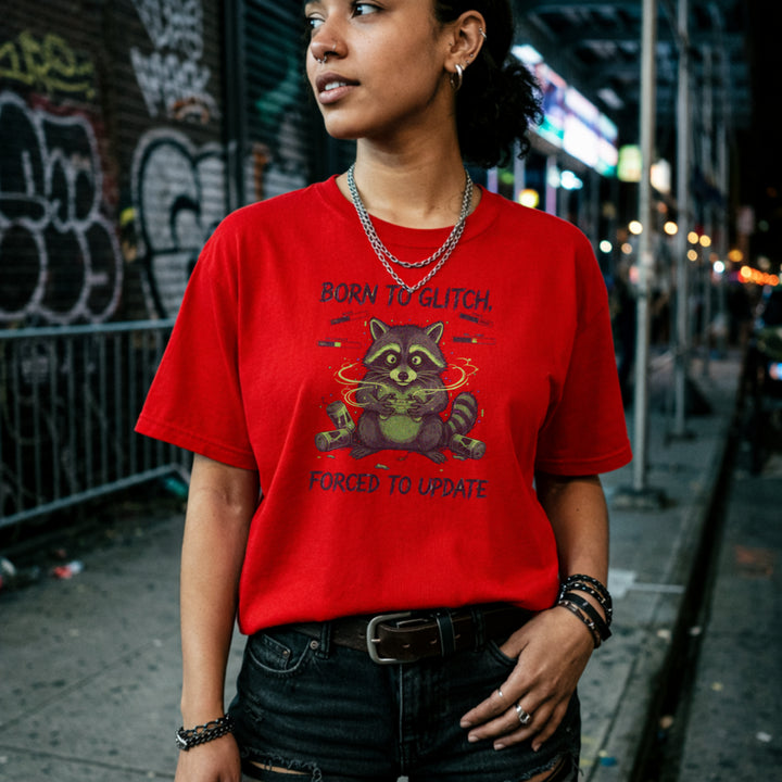 Translation missing: en.Funny gamer raccoon holding a controller on a red t-shirt with text Born to Glitch, Forced to Update