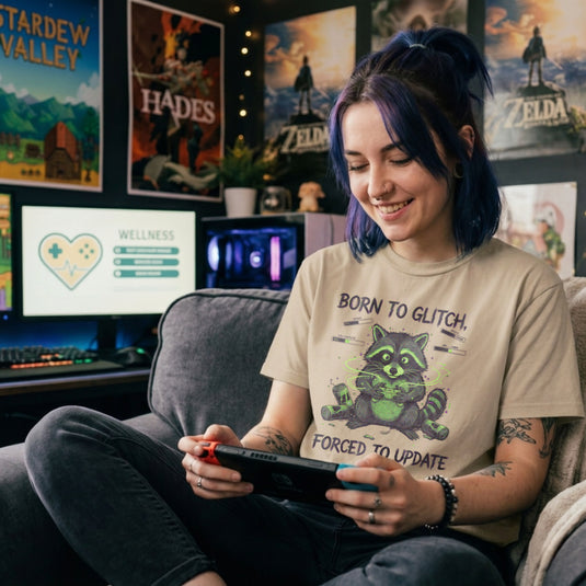 Translation missing: en.Funny gamer raccoon holding a controller on a sand t-shirt with text Born to Glitch, Forced to Update
