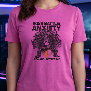 Translation missing: en.Azalea t-shirt with a black line-art monster graphic reading Boss Battle: Anxiety vs a player with a orange shield