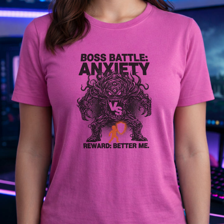 Translation missing: en.Azalea t-shirt with a black line-art monster graphic reading Boss Battle: Anxiety vs a player with a orange shield