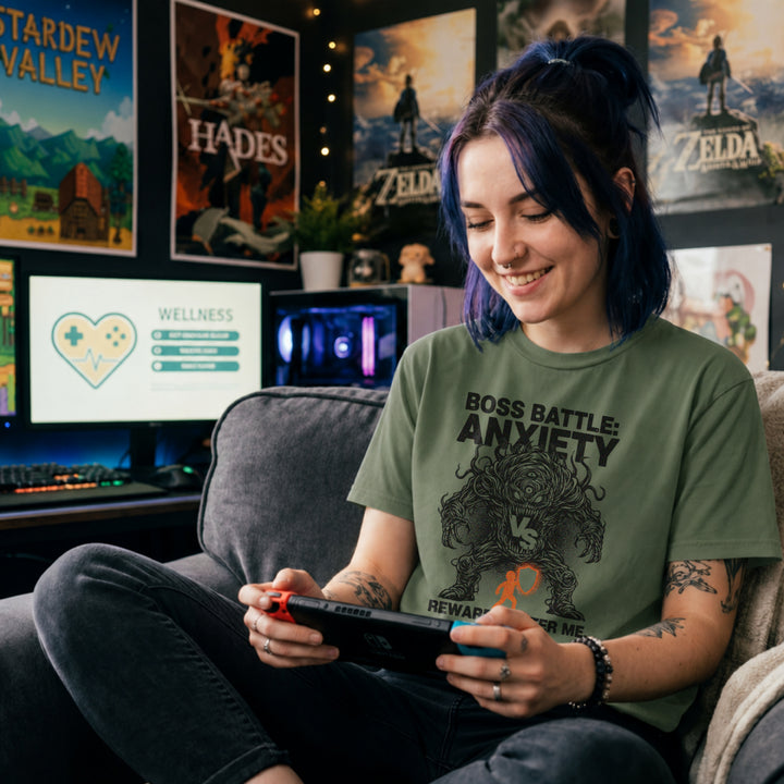 Translation missing: en.Military green t-shirt with a black line-art monster graphic reading Boss Battle: Anxiety vs a player with a orange shield