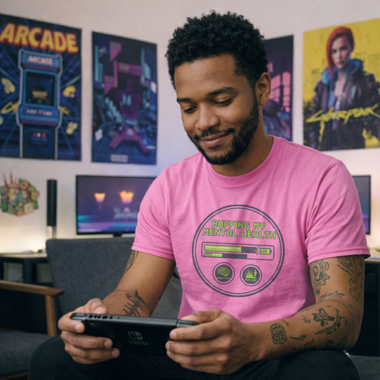 Translation missing: en.Gaming HUD graphic with progress bar, battery icon, and text reading Buffing My Mental Health Overstimulated Needs Grass