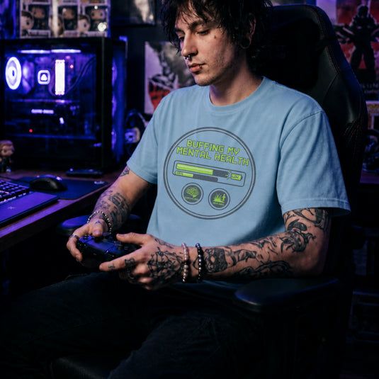Translation missing: en.Gaming HUD graphic with progress bar, battery icon, and text reading Buffing My Mental Health Overstimulated Needs Grass