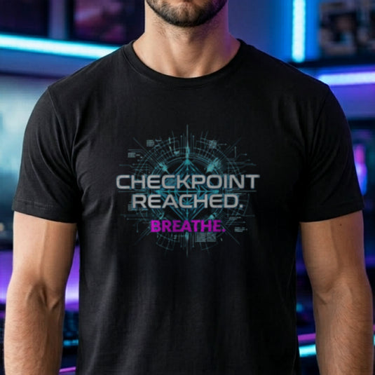 Translation missing: en.Black t-shirt with cyan tech HUD graphic reading "CHECKPOINT REACHED." and pink text reading "BREATHE."