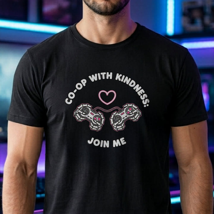 Translation missing: en.Black t-shirt graphic with two video game controllers connected by a cord forming a heart reading CO-OP WITH KINDNESS