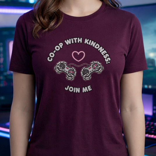 Translation missing: en.Alt n Vibe maroon t-shirt with two controllers, skeleton hands, a heart, and text reading Co-op With Kindness: Join Me