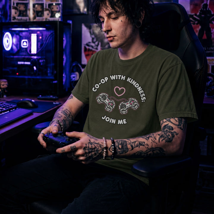 Translation missing: en.Military green  t-shirt with two controllers, skeleton hands, a heart, and text reading Co-Op With Kindness: Join Me