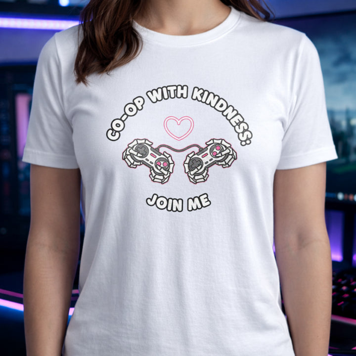 Translation missing: en.White  t-shirt with two controllers, skeleton hands, a heart, and text reading Co-Op With Kindness: Join Me