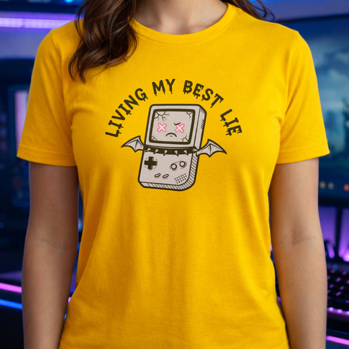 Translation missing: en.Daisy t-shirt with a cracked retro handheld console graphic with bat wings and text Living My Best Lie