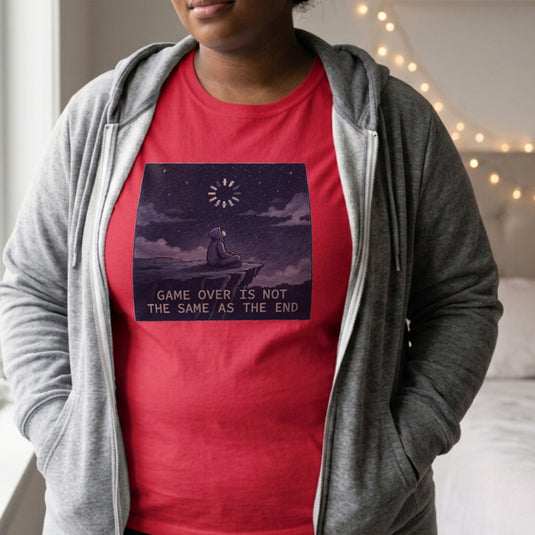 Translation missing: en.Alt n Vibe red women's cotton tee with hooded figure under starry sky and Game Over Is Not The Same As The End text