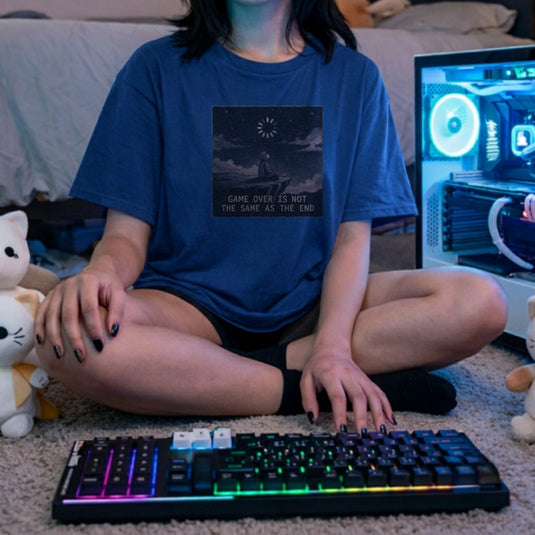 Translation missing: en.Alt n Vibe royal women's cotton tee with hooded figure under starry sky and Game Over Is Not The Same As The End text
