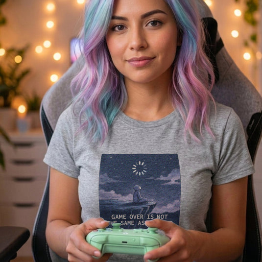 Translation missing: en.Alt n Vibe sports grey women's cotton tee with hooded figure under starry sky and Game Over Is Not The Same As The End text