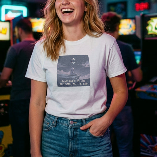 Translation missing: en.Alt n Vibe white women's cotton tee with hooded figure under starry sky and Game Over Is Not The Same As The End text