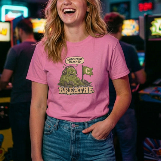 Translation missing: en.Alt n Vibe azalea  women's t-shirt with a tired green slime monster gamer reaching a checkpoint flag reading Breathe