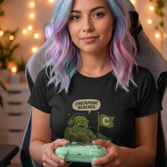 Translation missing: en.Alt n Vibe black women's t-shirt with a tired green slime monster gamer reaching a checkpoint flag reading Breathe
