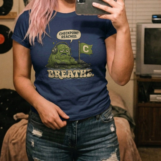 Translation missing: en.Alt n Vibe navy women's t-shirt with a tired green slime monster gamer reaching a checkpoint flag reading Breathe