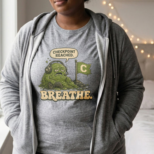 Translation missing: en.Alt n Vibe sports grey women's t-shirt with a tired green slime monster gamer reaching a checkpoint flag reading Breathe