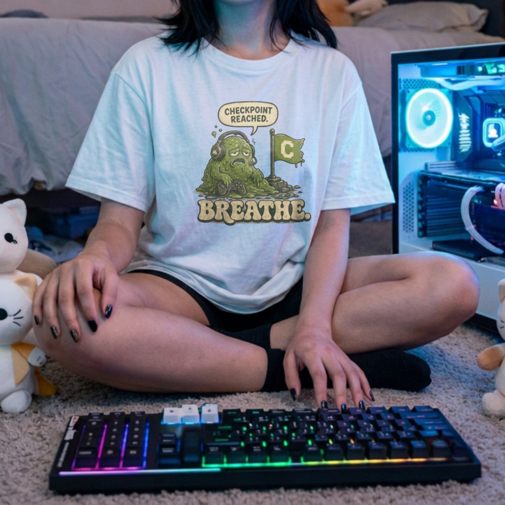 Translation missing: en.Alt n Vibe  white women's t-shirt with a tired green slime monster gamer reaching a checkpoint flag reading Breathe