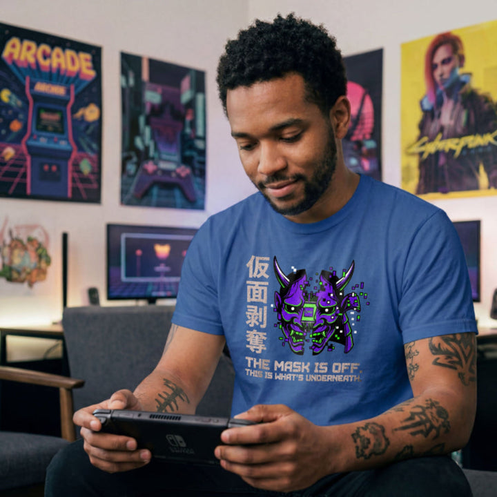 Translation missing: en.Split purple cyber Oni mask royal t-shirt with CPU core and text reading The Mask Is Off This Is What's Underneath