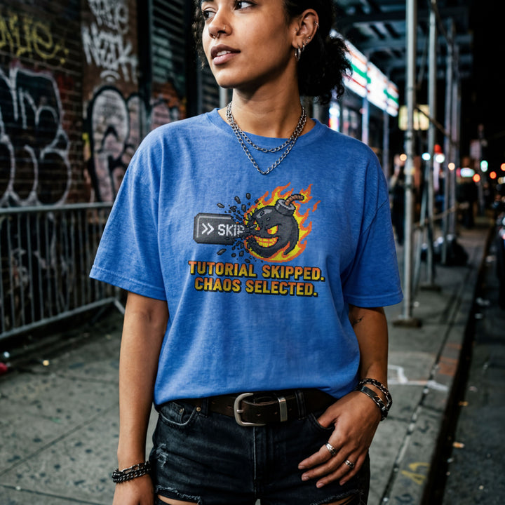 Translation missing: en.Alt n Vibe Tutorial Skipped Chaos Selected heather royal gamer mental health t-shirt with flaming bomb and skip button graphic
