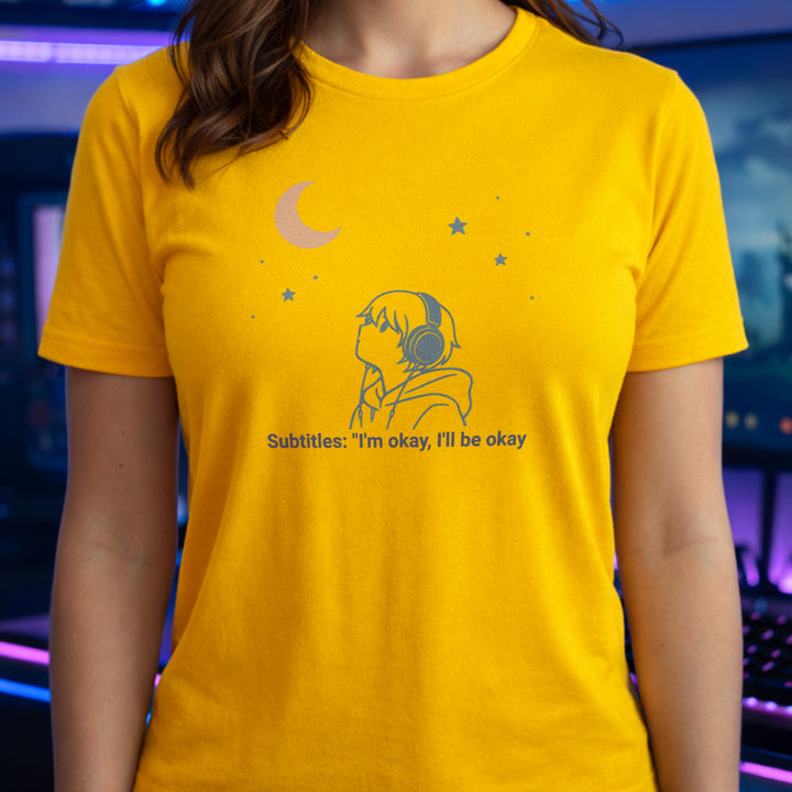 Translation missing: en.Daisy anime t-shirt graphic with an aesthetic boy in headphones looking at the moon reading Subtitles: I'm okay