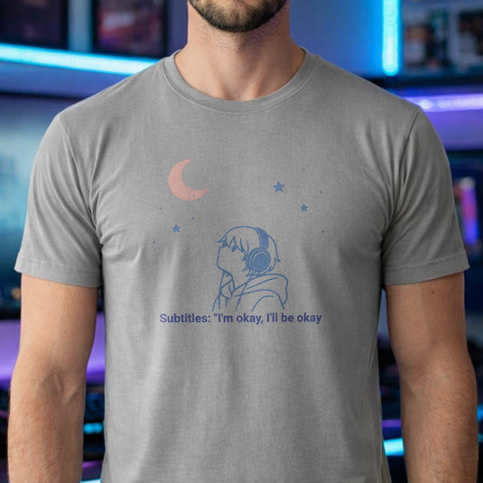 Translation missing: en.Sports grey  anime t-shirt graphic with an aesthetic boy in headphones looking at the moon reading Subtitles: I'm okay