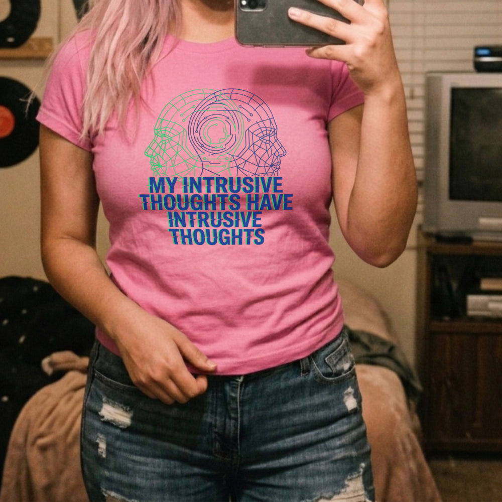 Translation missing: en.Alt n Vibe women's azalea cotton shirt featuring a blue and green cyber mesh head and My Intrusive Thoughts Have Intrusive Thoughts