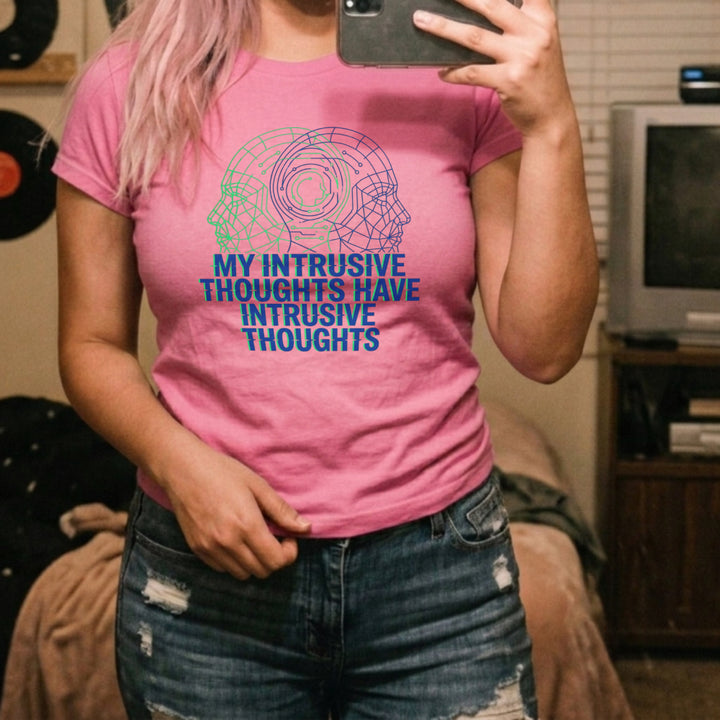Translation missing: en.Alt n Vibe women's azalea cotton shirt featuring a blue and green cyber mesh head and My Intrusive Thoughts Have Intrusive Thoughts