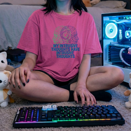 Translation missing: en.Alt n Vibe women's azalea cotton shirt featuring a blue and green cyber mesh head and My Intrusive Thoughts Have Intrusive Thoughts