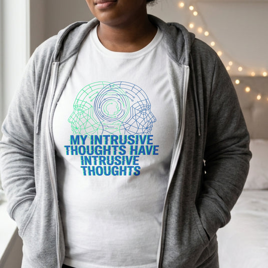 Translation missing: en.Alt n Vibe women's white cotton shirt featuring a blue and green cyber mesh head and My Intrusive Thoughts Have Intrusive Thoughts