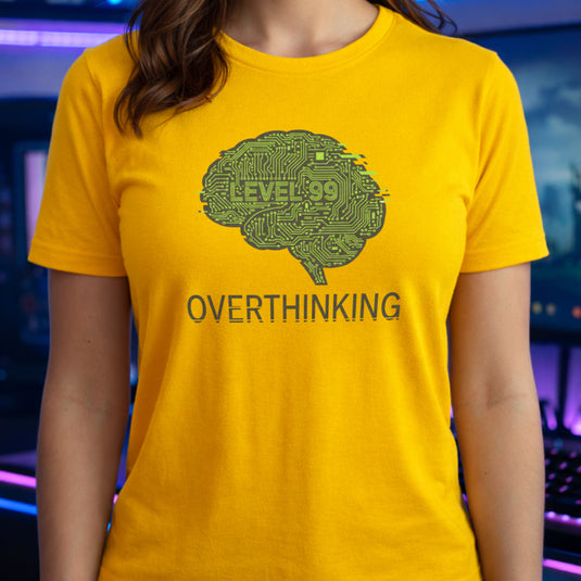Translation missing: en.Daisy t-shirt with a green circuit board brain graphic reading Level 99 and the text Overthinking