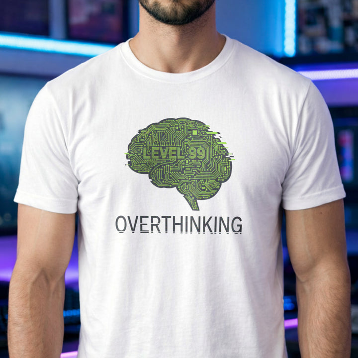 Translation missing: en.White t-shirt with a green circuit board brain graphic reading Level 99 and the text Overthinking