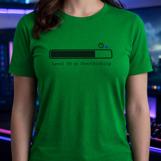 Translation missing: en.Irish green t-shirt with a loading bar graphic and typewriter text reading Level 99 at Overthinking