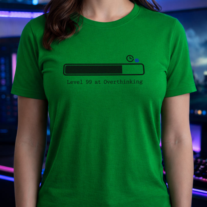 Translation missing: en.Irish green t-shirt with a loading bar graphic and typewriter text reading Level 99 at Overthinking