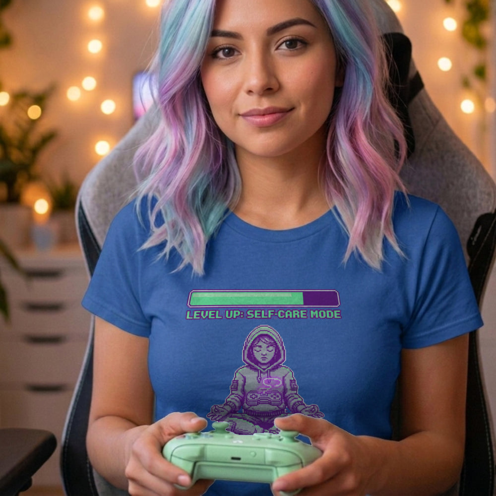 Translation missing: en.Alt n Vibe royal women's t-shirt with a pixel art girl meditating in a hoodie under a Level Up Self Care Mode loading bar