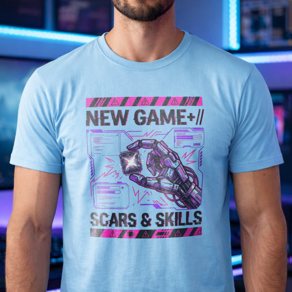 Translation missing: en.Light blue men's heavy cotton t-shirt featuring a robotic hand microchip design that says Scars &amp; Skills