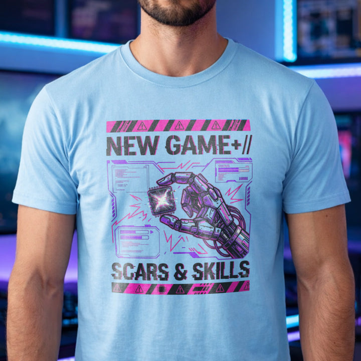 Translation missing: en.Light blue men's heavy cotton t-shirt featuring a robotic hand microchip design that says Scars &amp; Skills