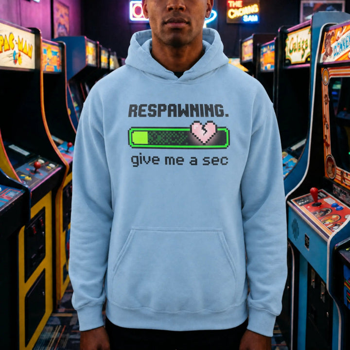 Translation missing: en.Light Blue Pullover Hoodie  8-Bit Pixel Gamer Health Bar Graphic Reading, Respawning Give Me A Sec
