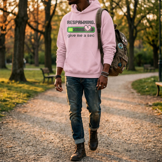 Translation missing: en.Light Pink Pullover Hoodie  8-Bit Pixel Gamer Health Bar Graphic Reading, Respawning Give Me A Sec