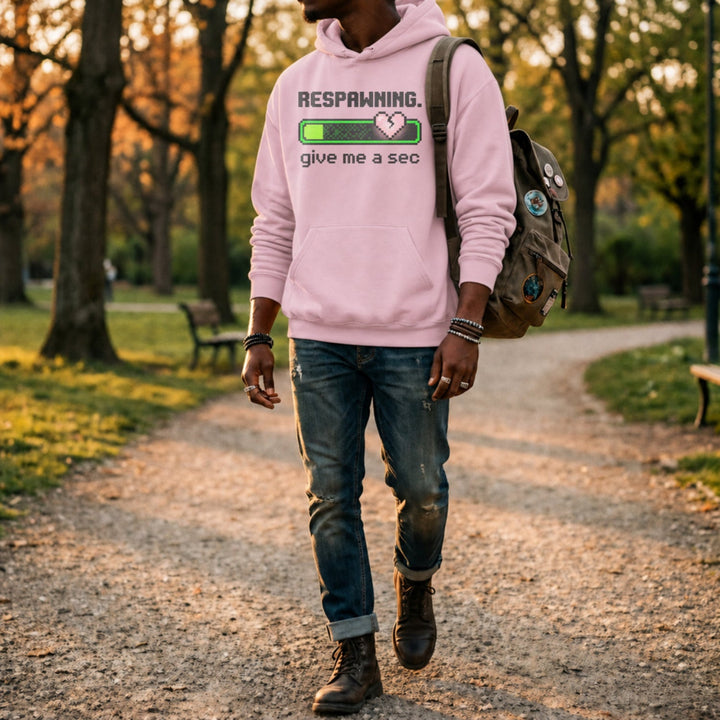 Translation missing: en.Light Pink Pullover Hoodie  8-Bit Pixel Gamer Health Bar Graphic Reading, Respawning Give Me A Sec