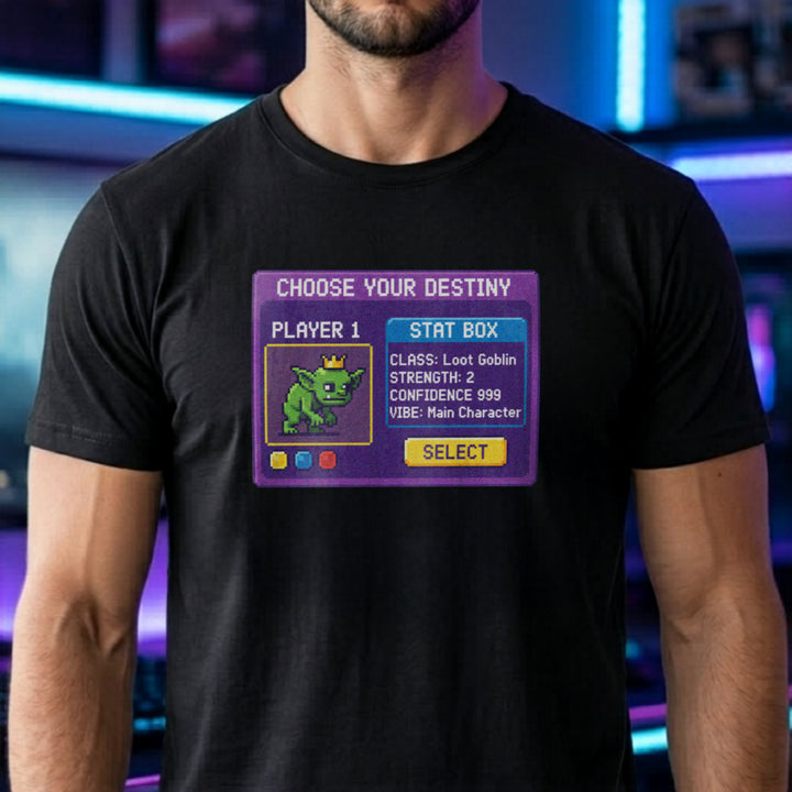Translation missing: en.Black gamer t-shirt with pixel art "Loot Goblin" stat box showing max confidence and main character energy