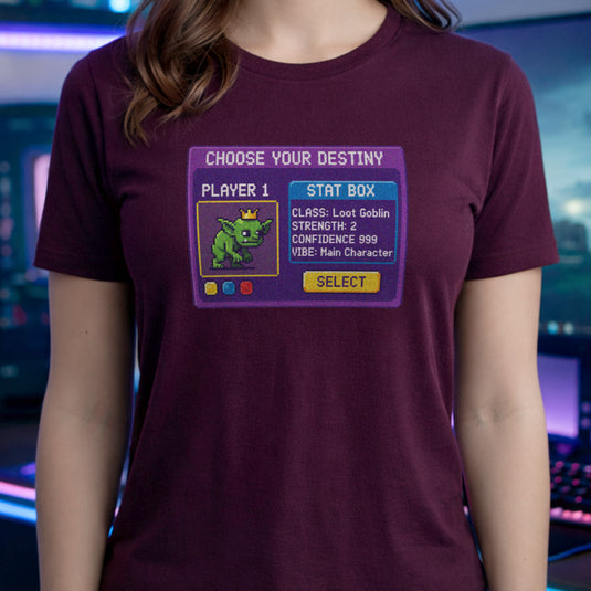 Translation missing: en.Maroon gamer t-shirt with pixel art "Loot Goblin" stat box showing max confidence and main character energy