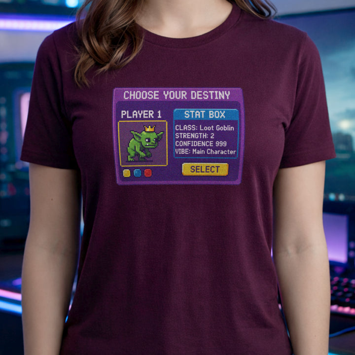 Translation missing: en.Maroon gamer t-shirt with pixel art "Loot Goblin" stat box showing max confidence and main character energy