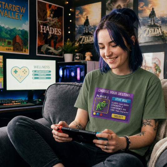 Translation missing: en.Military green gamer t-shirt with pixel art "Loot Goblin" stat box showing max confidence and main character energy